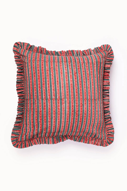 Ruffle-edged crimson blockprint pillow cover with vertical striped pattern