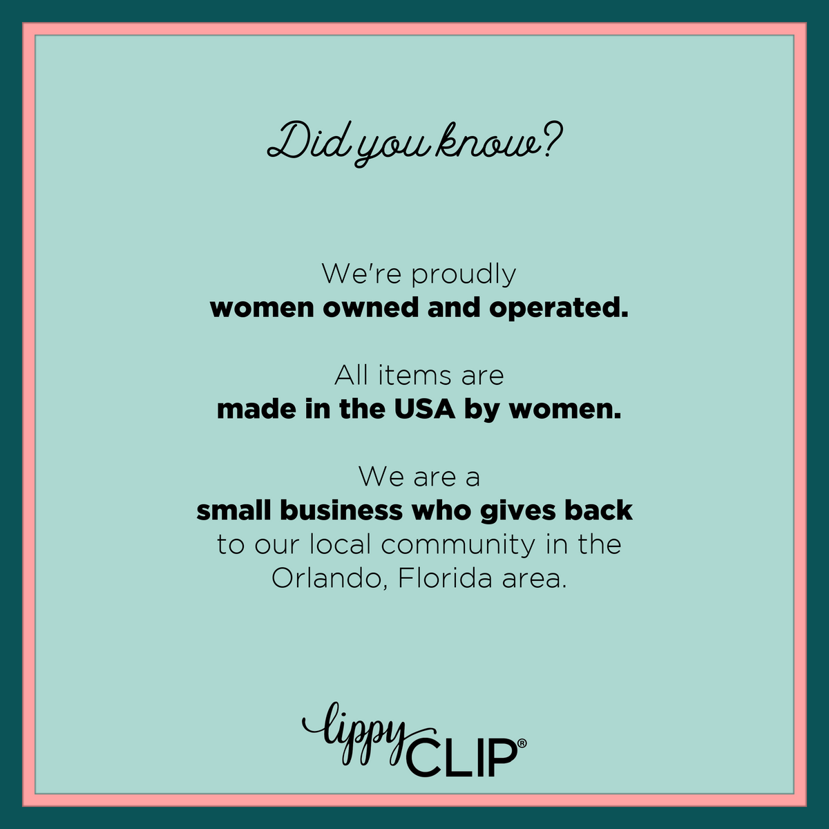 Women-owned and made in USA information card for LippyCLIP®