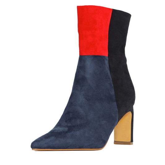 Color-block ankle booties with red cuff, navy shaft, black side panel, stiletto heel