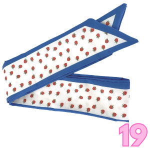 Blue scarf with strawberry print and white floral pattern center