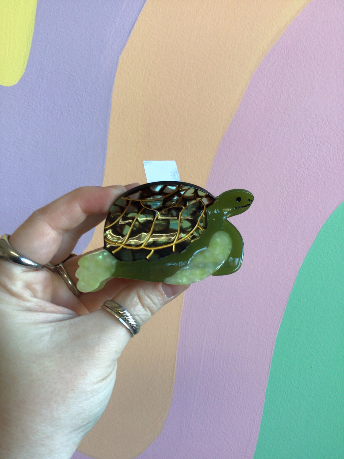 Green turtle-shaped animal hair claw with patterned shell and glossy shine
