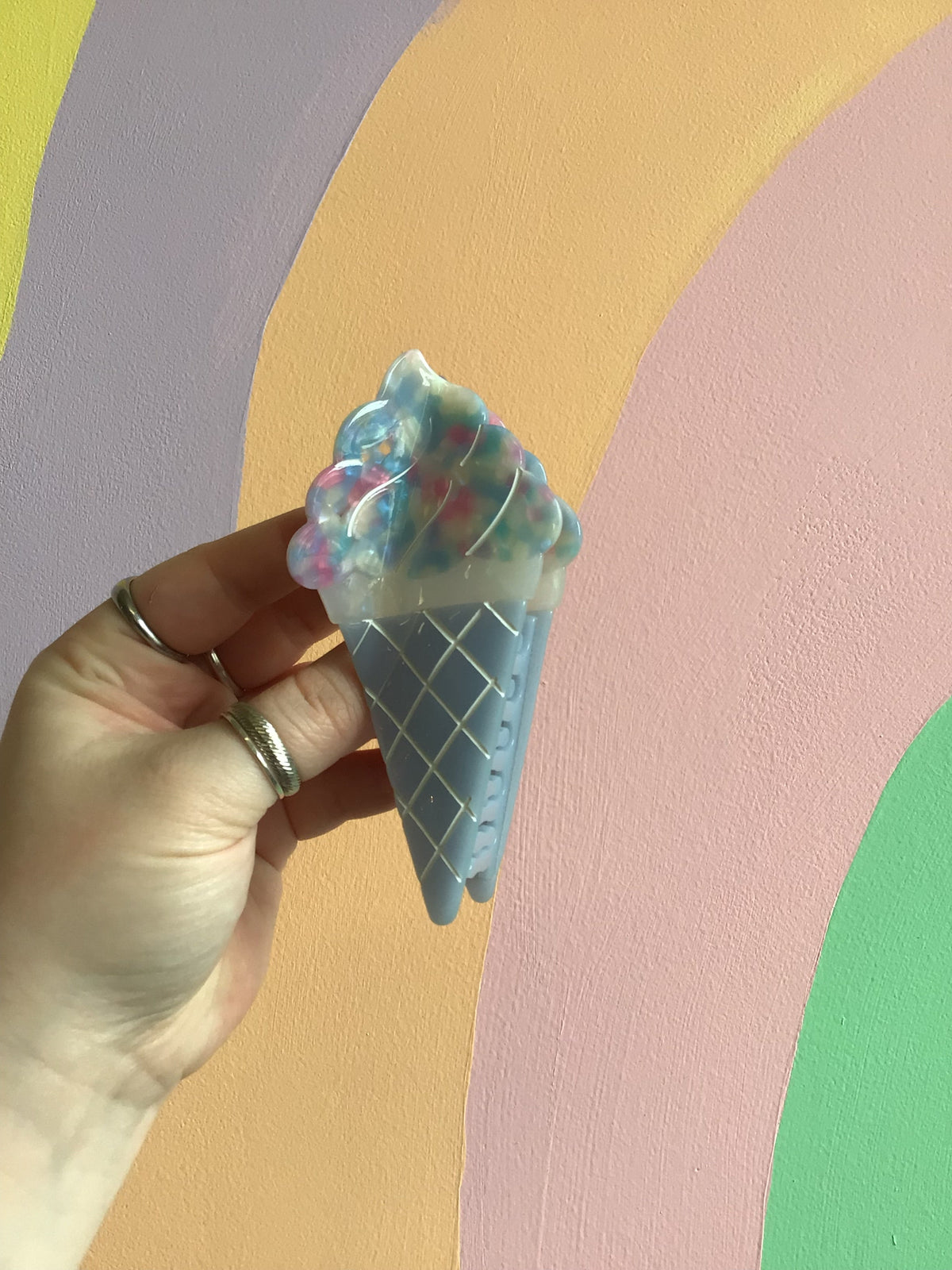 Blue ice cream hair claw with teal translucent scoop and gold lattice cone