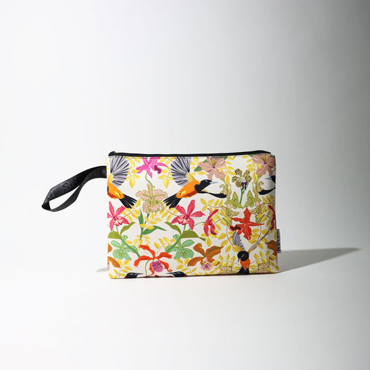 Laptop sleeve with tropical toucan and leaf print, black trim, zipper, wrist strap