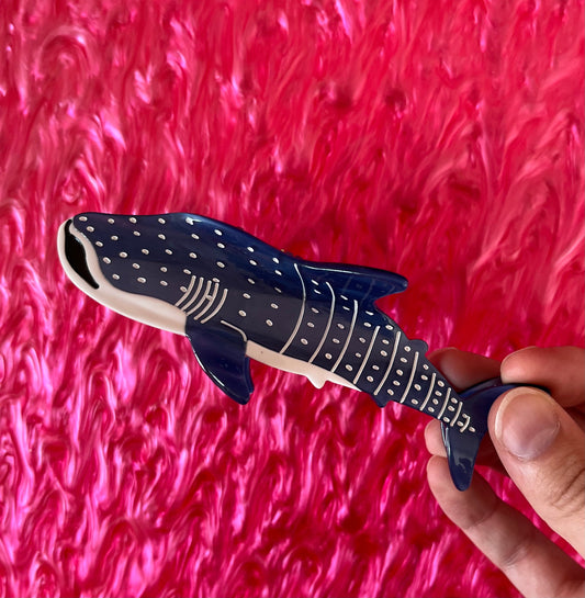 Navy whale-shark hair claw with white dots and striped belly