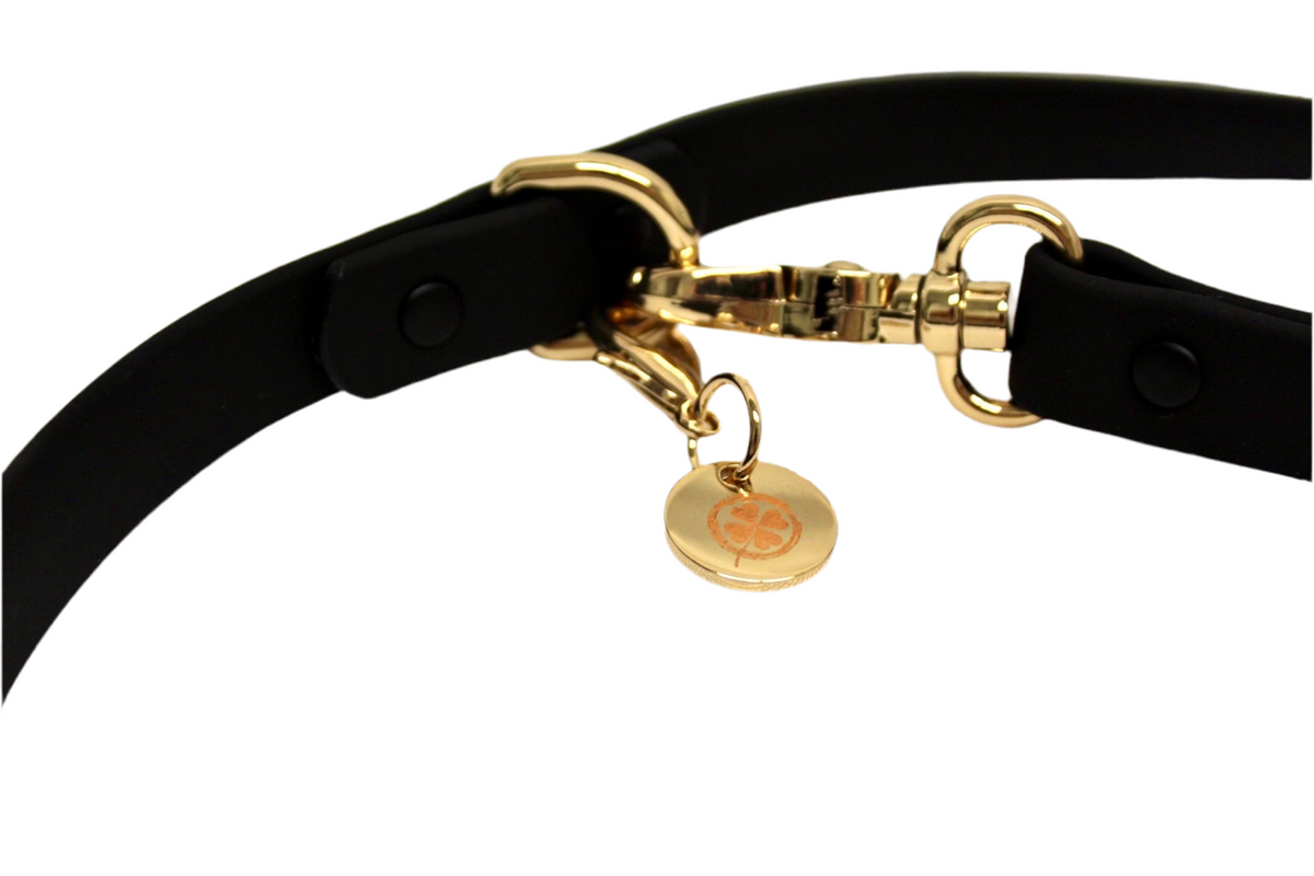 Black hands-free dog leash with gold buckle, swivel clip, and round charm tag
