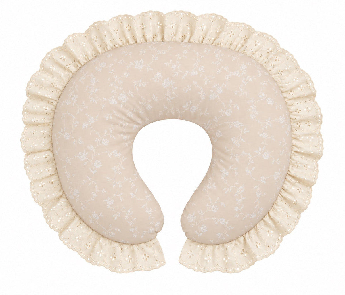 Nursing pillow cover with beige floral print and ivory eyelet lace ruffle