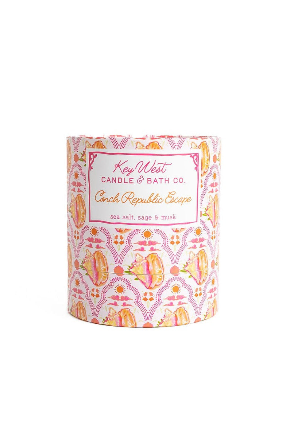Glass jar candle with pink, orange, and white patterned sleeve and label