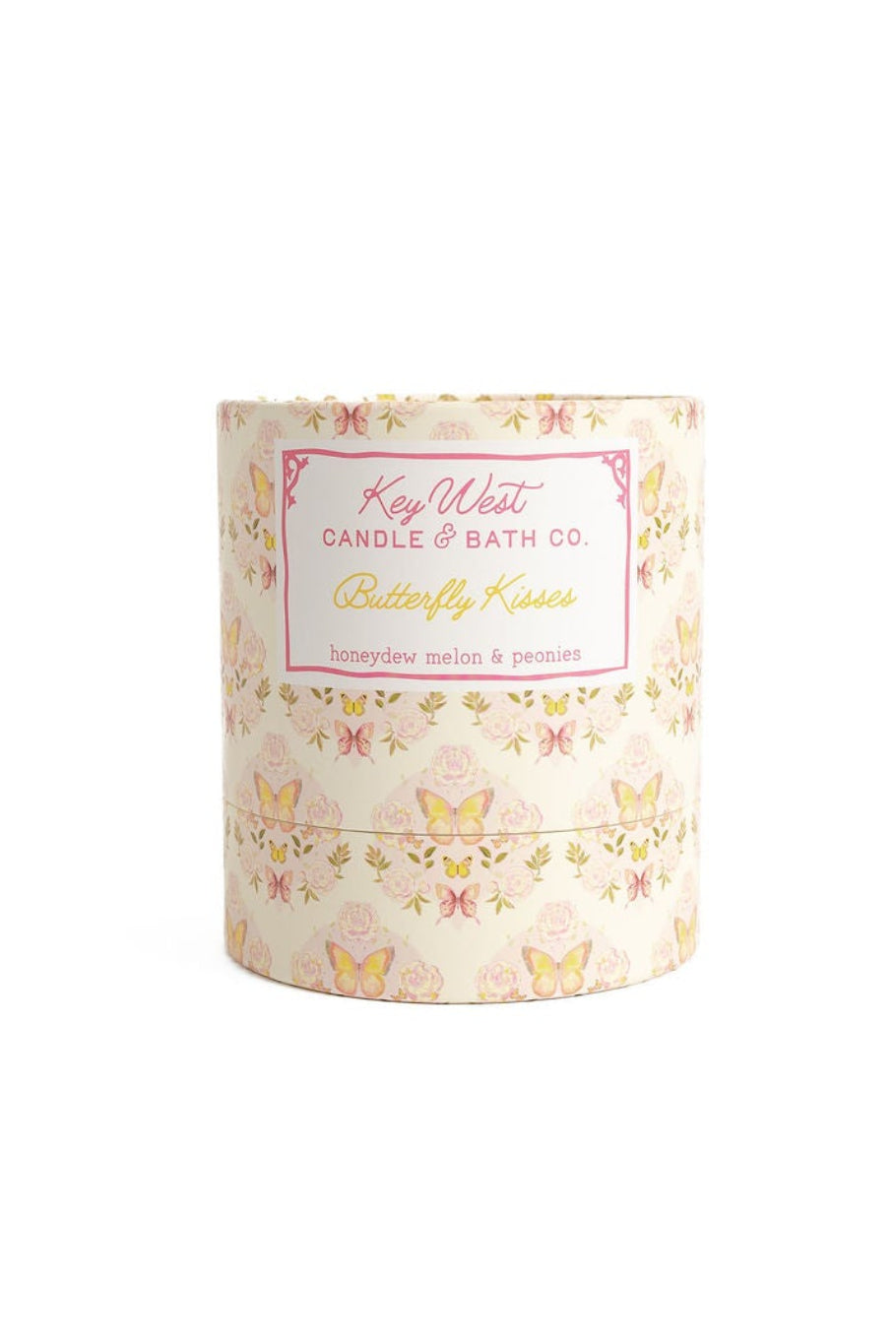 Glass jar candle with butterfly floral print and centered pink label