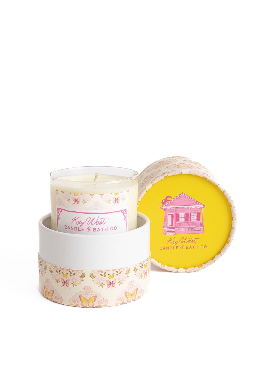 Glass jar candle with butterfly floral wrap; lid with yellow butterfly scene