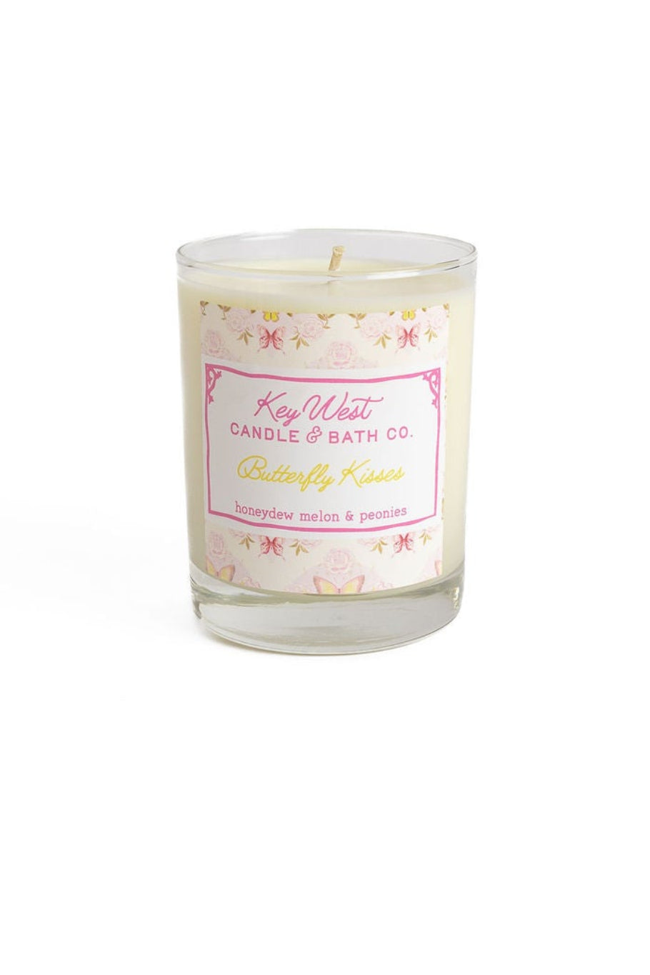 Glass jar candle with butterfly floral band and pink Key West label