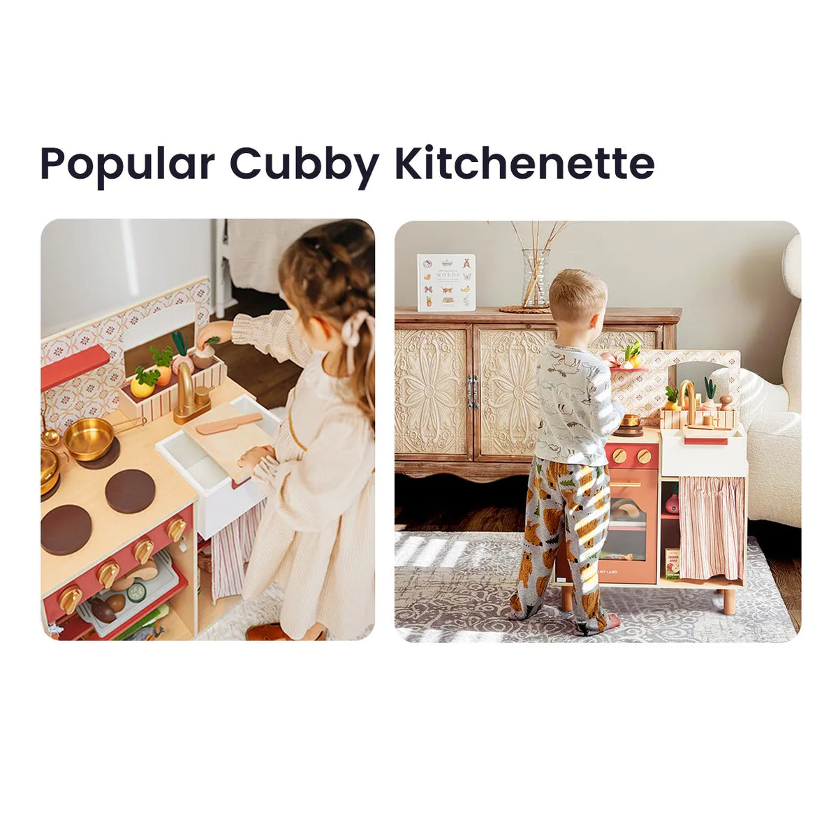 Tiny Land play kitchen shown in use by children, with stovetop, oven, sink, and storage