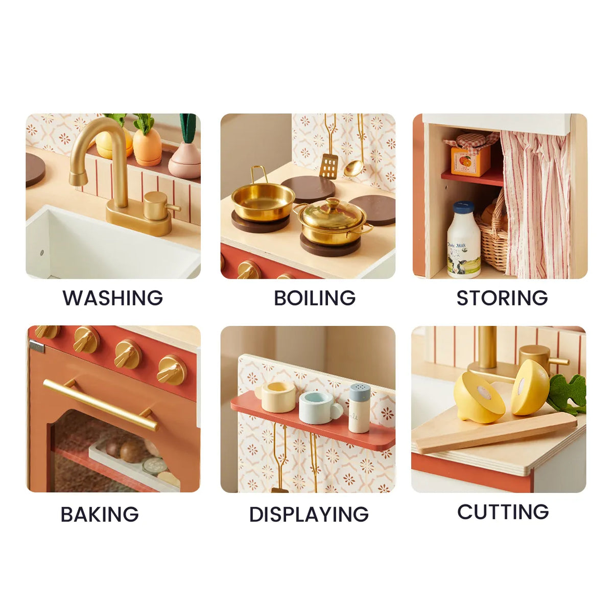 Wooden play kitchen features shown: sink, stove, storage, oven, display shelf, and cutting board