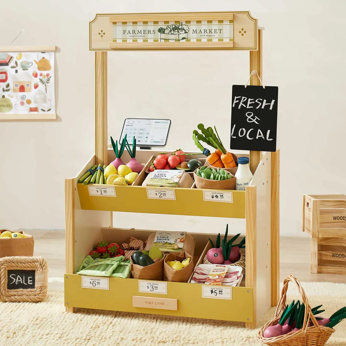 Wooden grocery store playset with two produce shelves, market sign, and chalkboard.