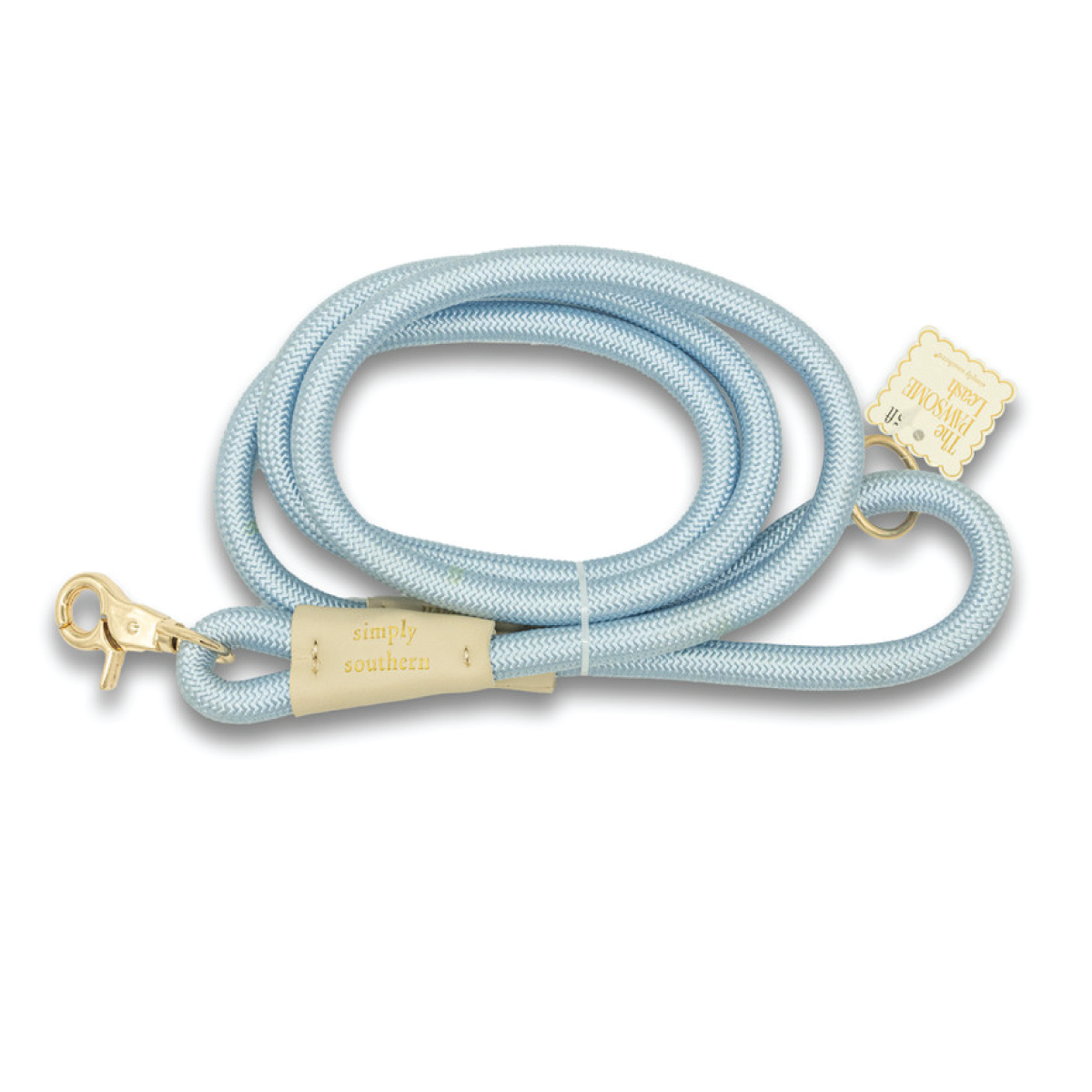 Simply Southern turquoise braided pet leash with gold clasp and Simply Southern badge tag
