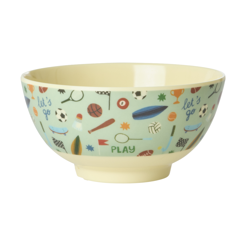 Medium kids bowl with sports print, soft green base and 'Let's go' text