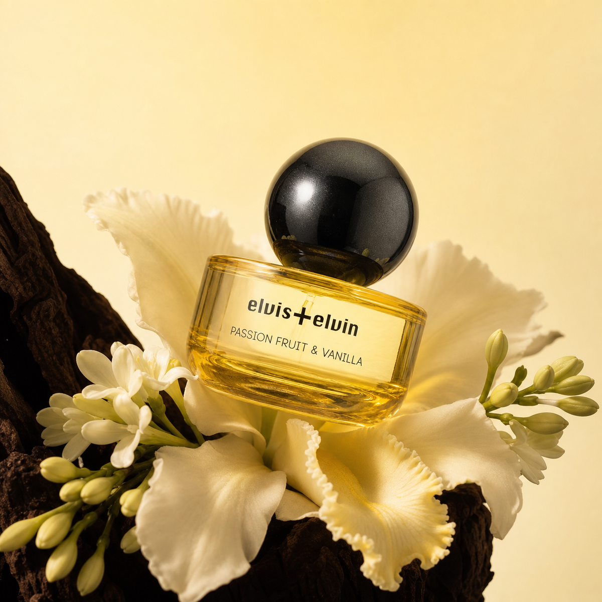 Passion fruit & vanilla parfum bottle with black spherical cap and amber glass