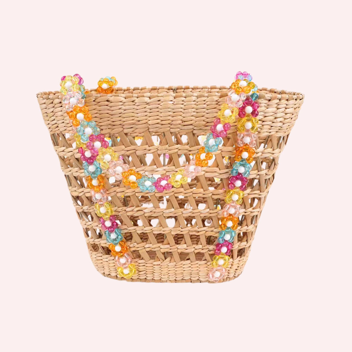 Woven straw beach tote basket with multicolor beaded edging and flower clusters