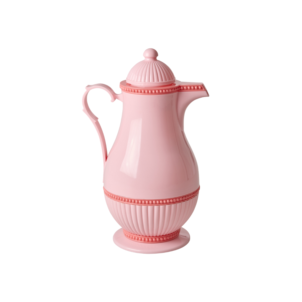 Pink insulated carafe with lid and handle, pour spout