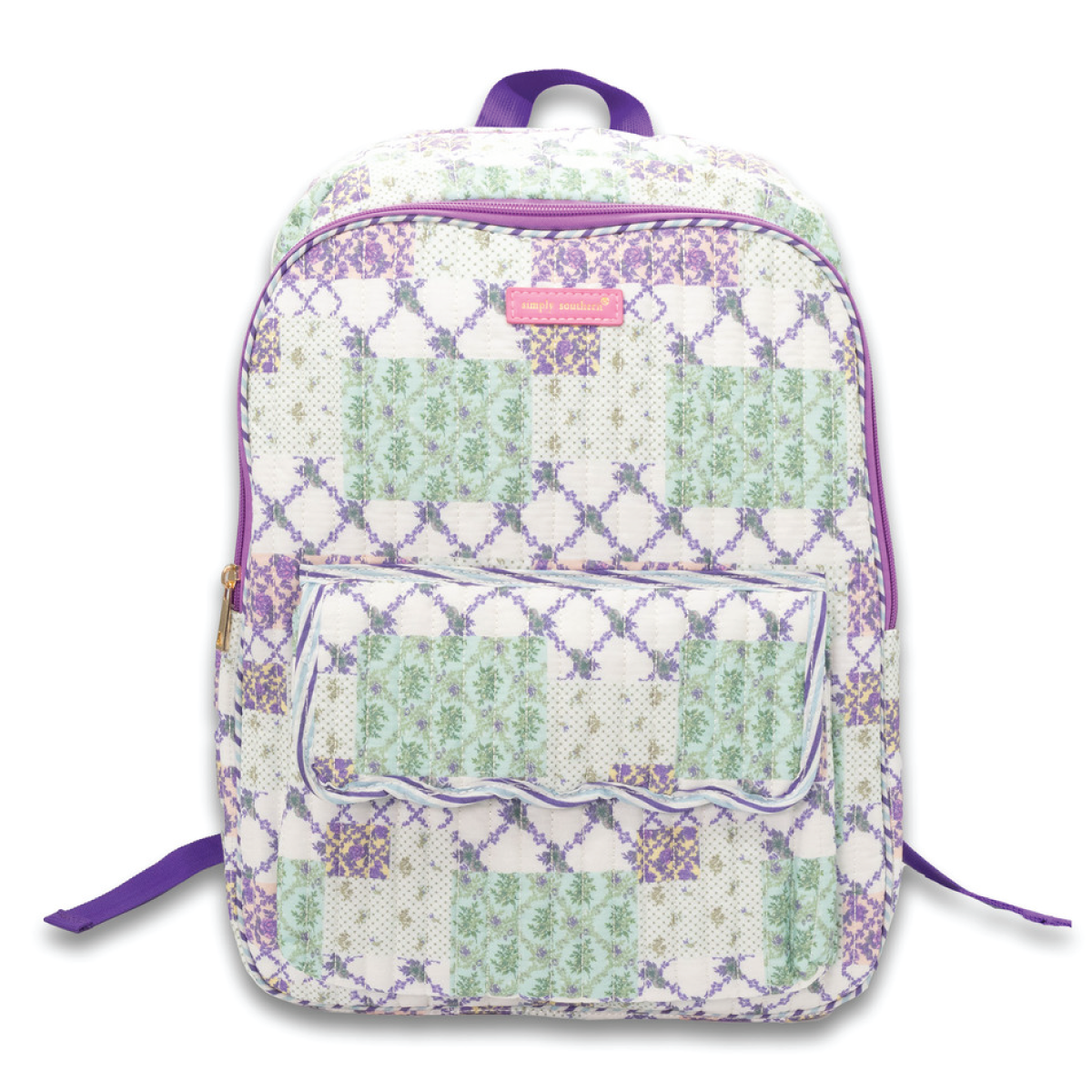 Quilted backpack with purple trim and patchwork pattern, front zip pocket and side straps
