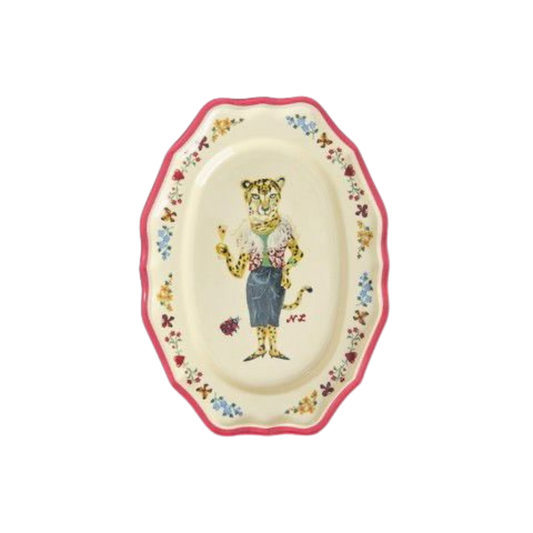 Small red melamine serving dish with octagonal rim and illustrated bear in apron