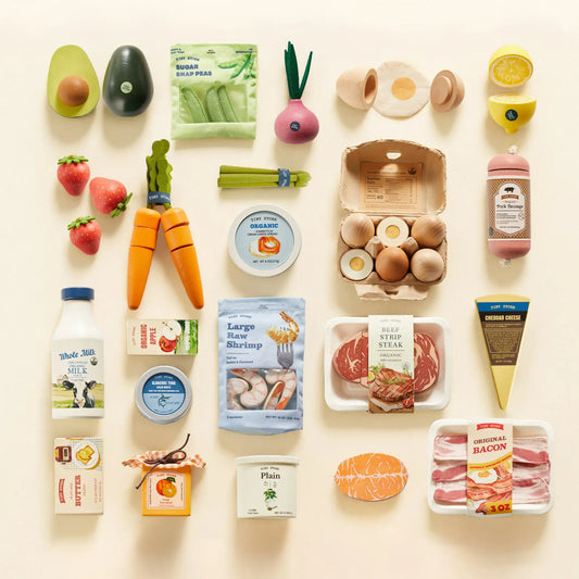 Assorted wooden and foam play food pieces with fruits, vegetables, and dairy packaging