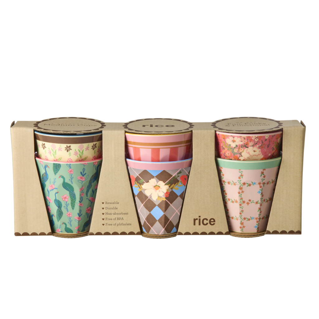 Medium reusable cups 6-pack with multicolor floral prints
