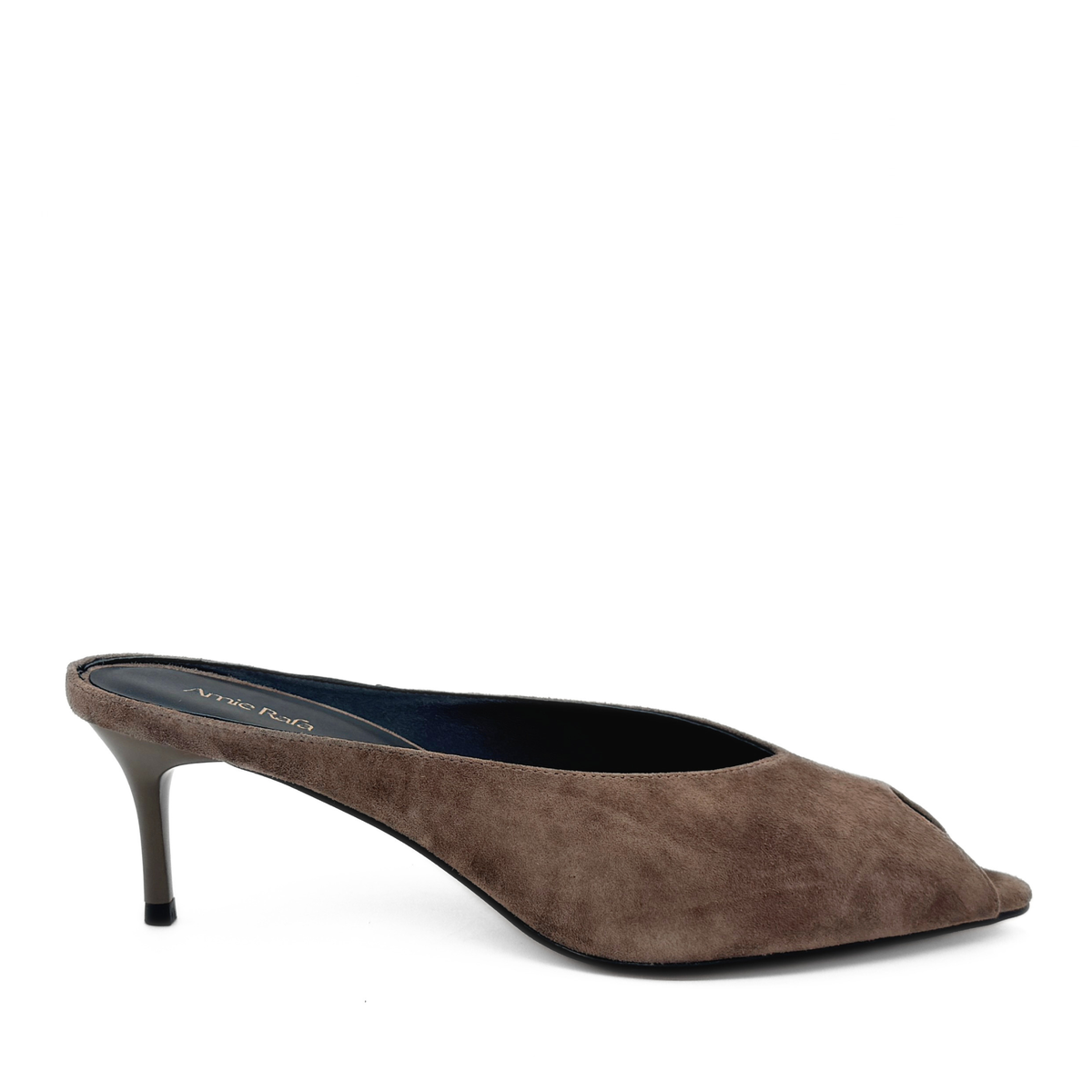Brown suede peep-toe mule with slim stiletto heel