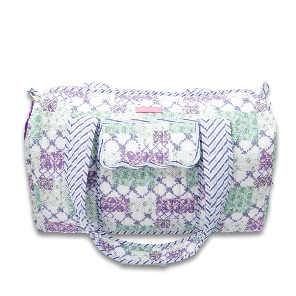Quilted duffle bag with patchwork pattern, top zipper, and two carry handles