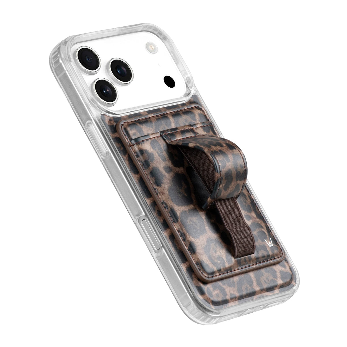 Clear phone case with leopard magnetic wallet insert and brown magnetic strap