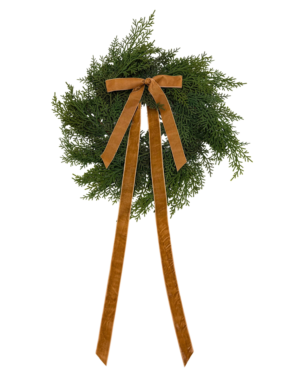 Mini cedar wreath with long tan ribbon bows and green evergreen foliage