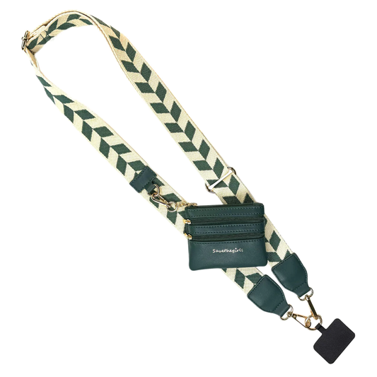 Chevron phone wristlet with teal zip pouch, detachable wrist strap, and adjustable strap