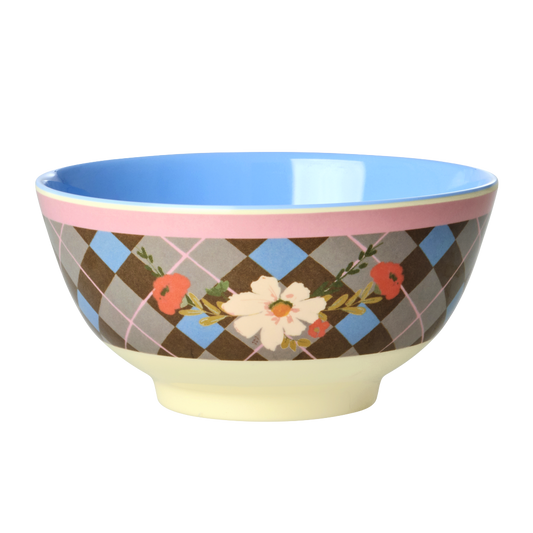 Medium ceramic bowl with brown tile floral print and pink rim