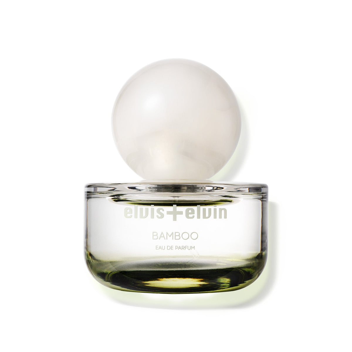 Bamboo eau de parfum bottle with frosted white globe cap and glass base