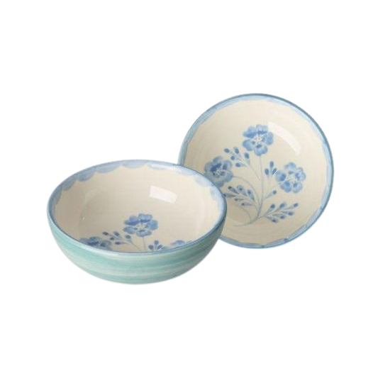 Ceramic bowl set with hand-painted blue flowers, white glaze with green trim