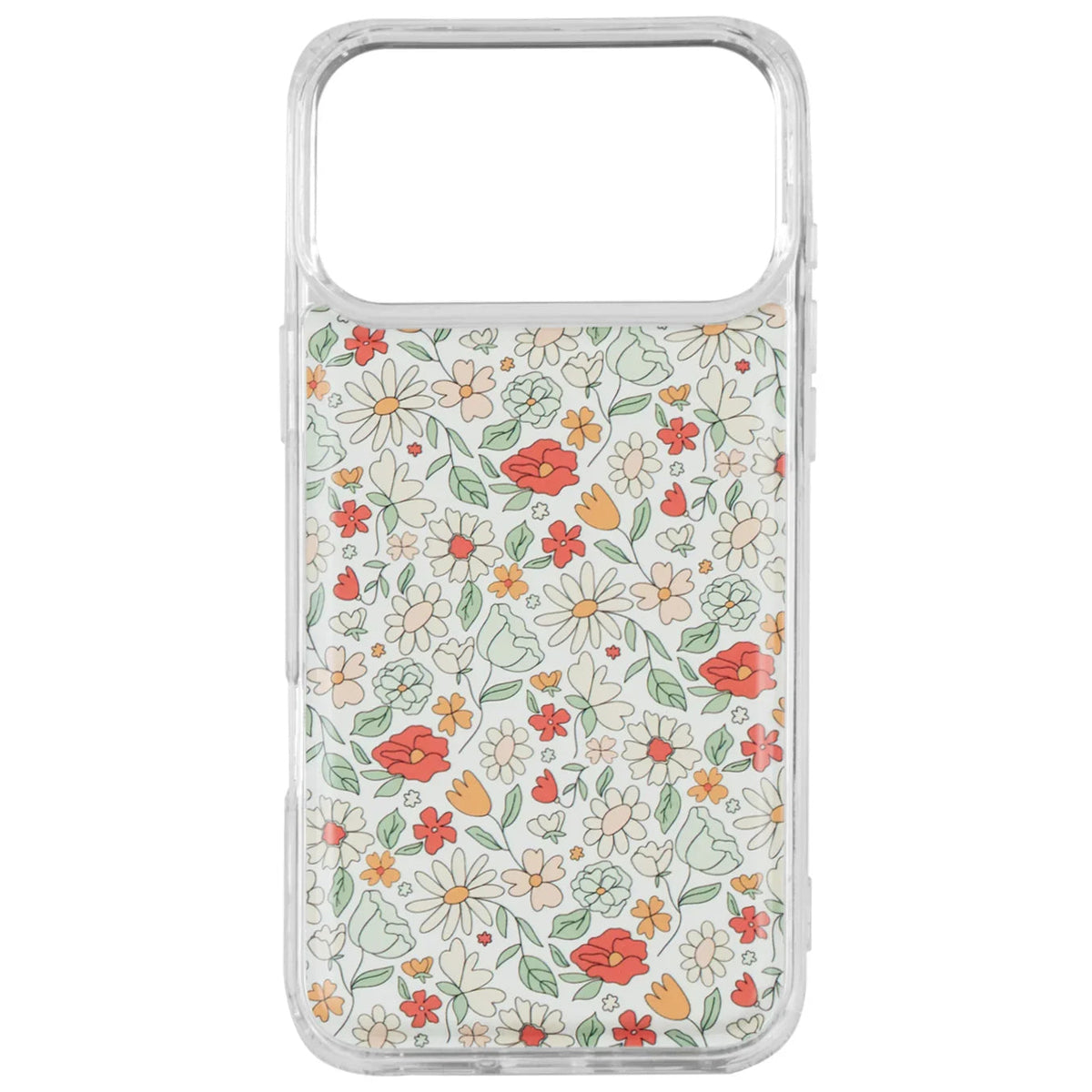 Floral magnetic phone case with clear protective frame and white wildflower pattern