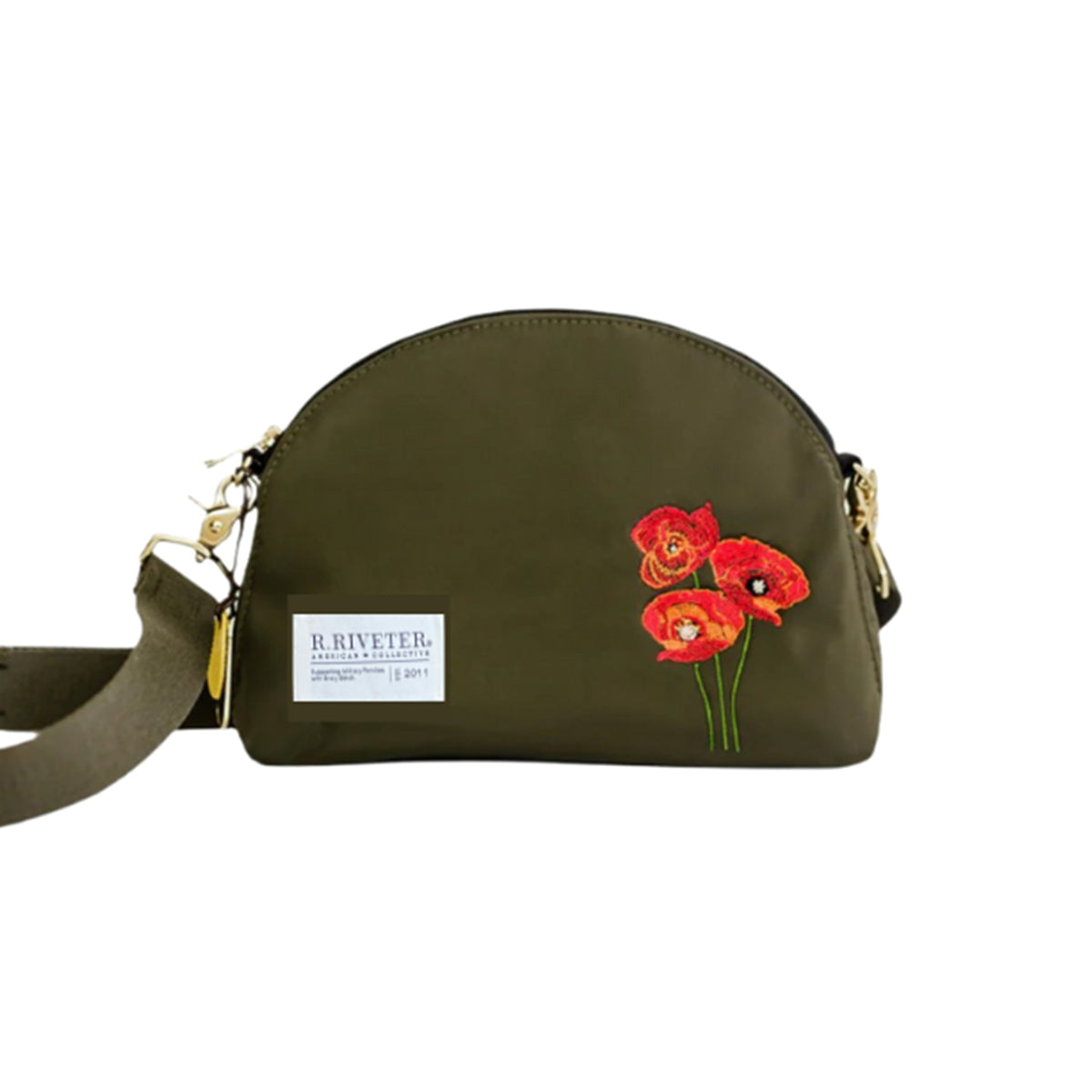 Olive nylon crossbody pouch with red flower embroidery, front patch, zip top, gold hardware