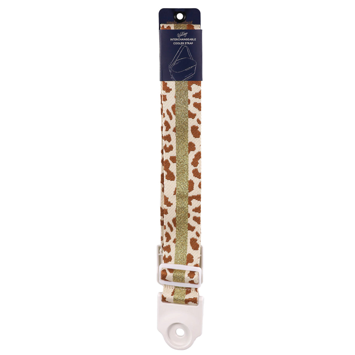 Leopard-print cooler strap with cream webbing and white plastic buckle ends