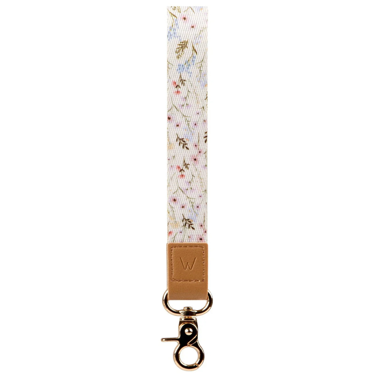 Floral wrist lanyard with brown leather ends and gold metal keyring clasp