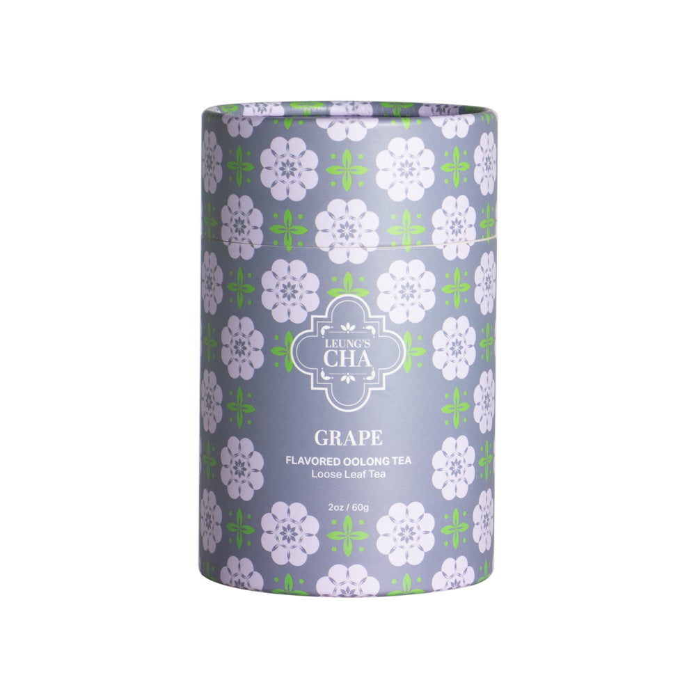 Flavored oolong tea canister, front label with grape flavored oolong tea and purple floral