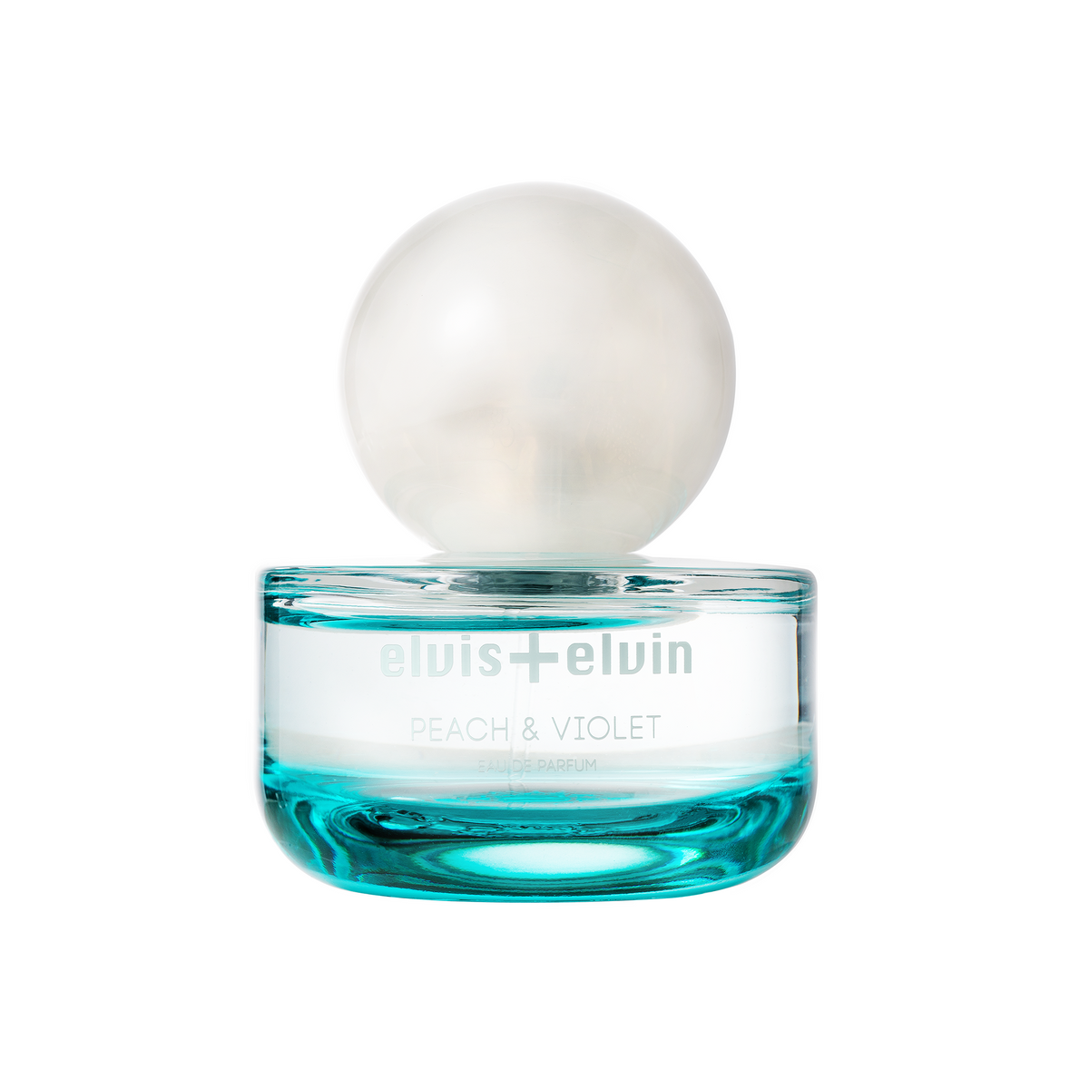 Peach & Violet eau de parfum bottle with clear dome lid, blue glass base