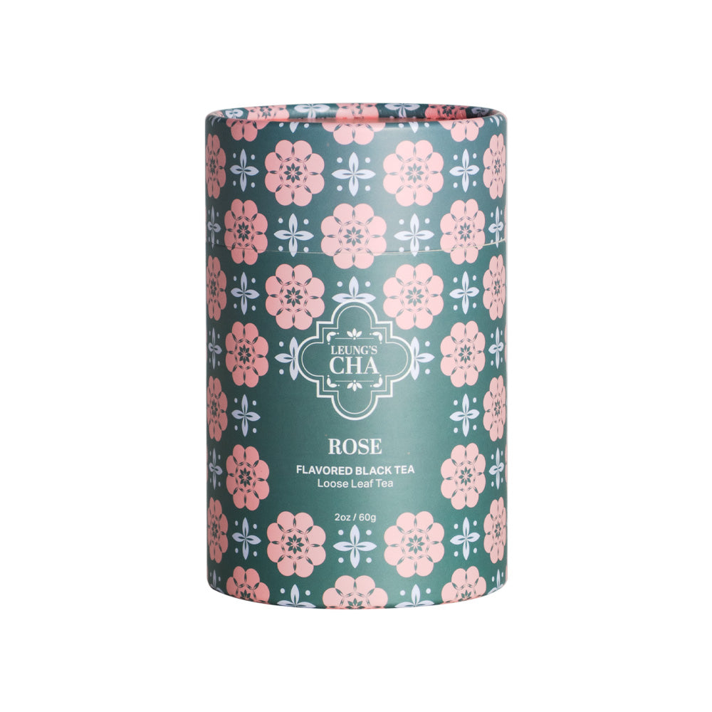 Rose-themed floral tea tin with brand label on the front