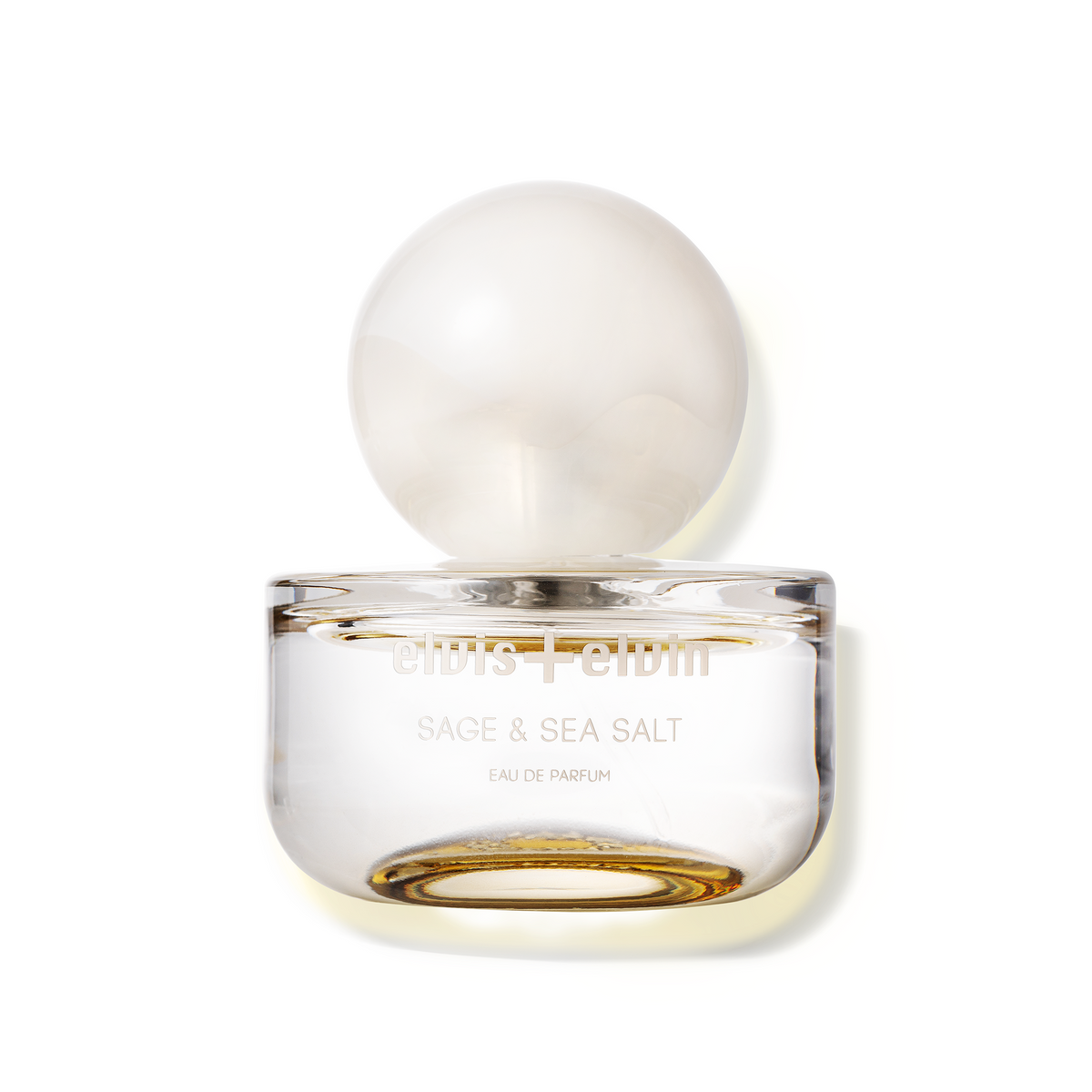 elvis+elvin Sage & Sea Salt eau de parfum glass bottle with round dome cap and gold label