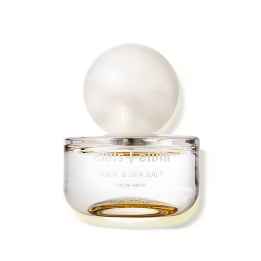 elvis+elvin Sage & Sea Salt eau de parfum glass bottle with round dome cap and gold label