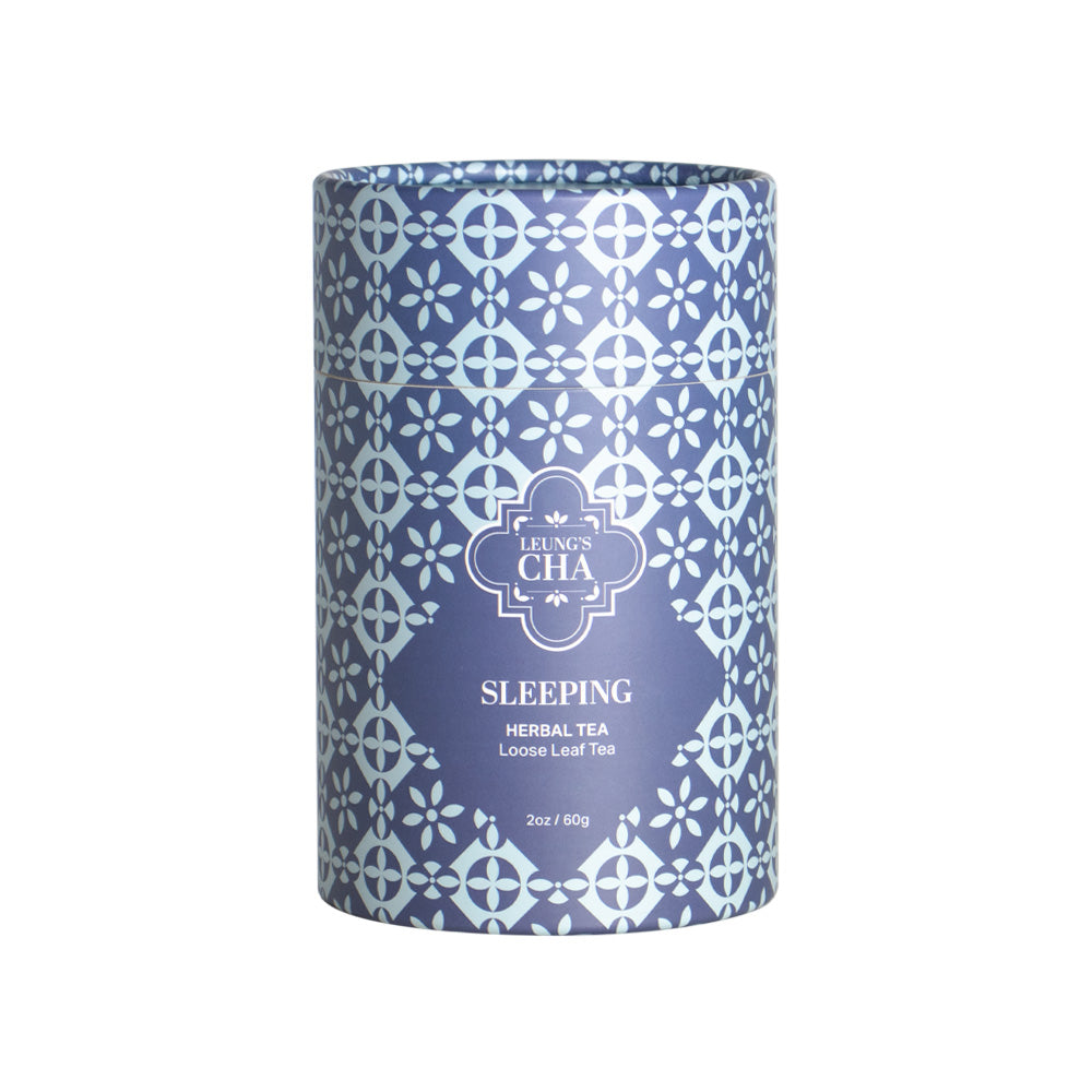 Blue patterned sleeping herbal tea tin, full front view with loose leaf label