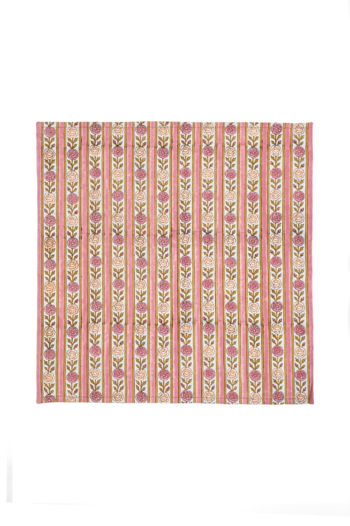 Set of 4 napkins with vertical patterned stripes in gold, blue, and pink florals on cream.