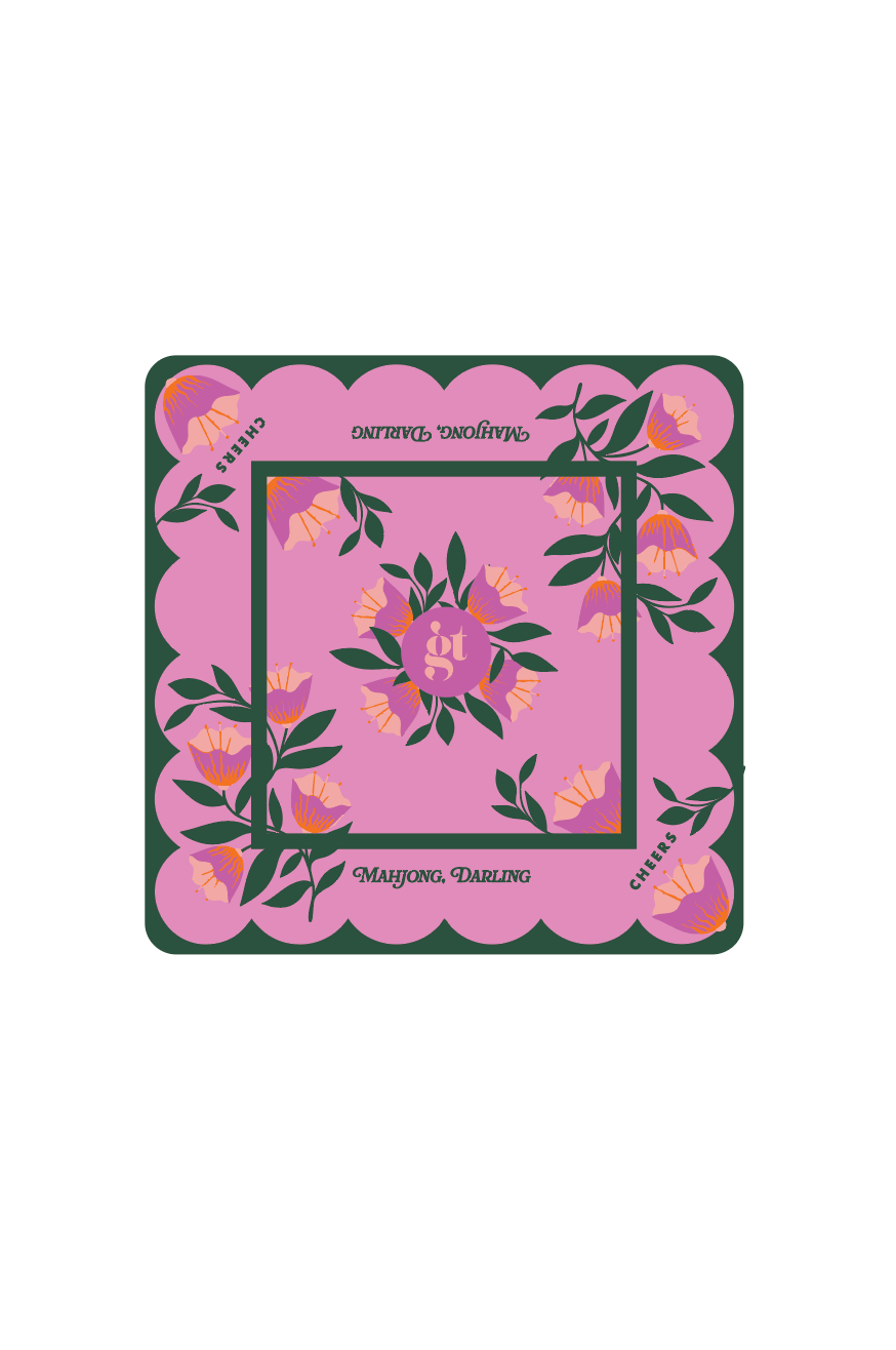 Square mahjong mat with pink floral frame, dark green border, scalloped edges
