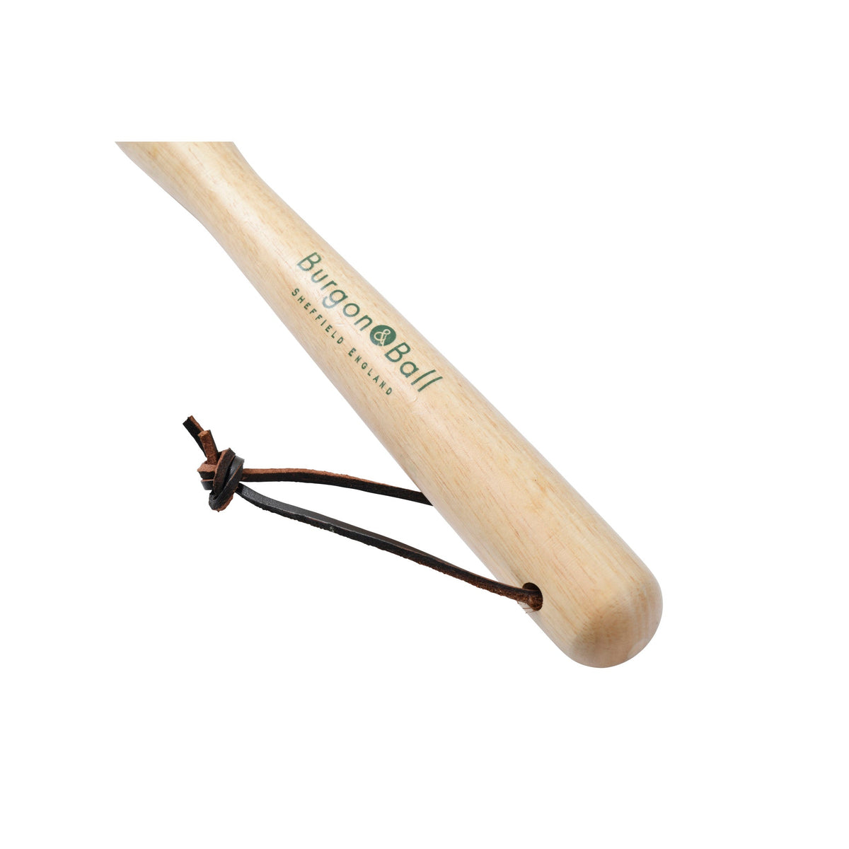 Wooden-handled shrub rake with metal tines and attached leather loop