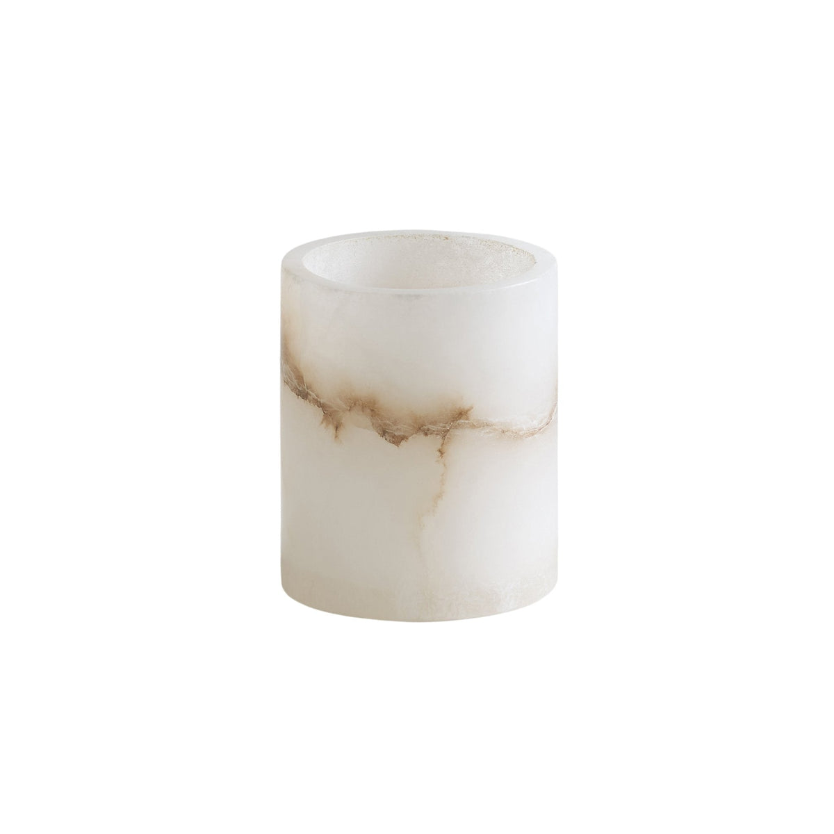 Unlit cylindrical votive candle with alabaster-style veining, white with tan streaks