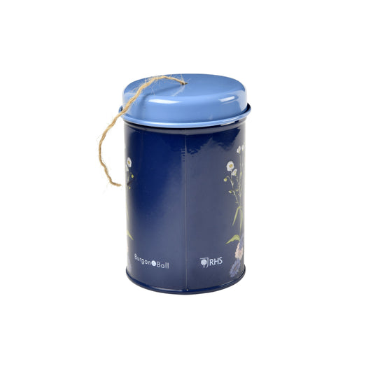 Decorative blue twine tin with meadow floral print and gold hanging string