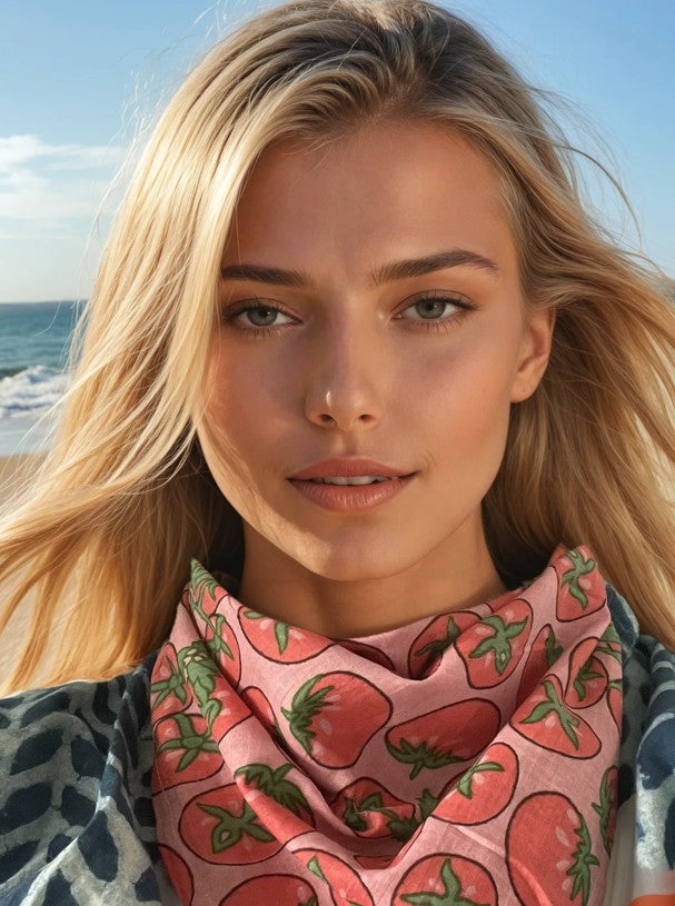 Tomato pink bandana scarf with strawberry print, wrapped around model’s neck